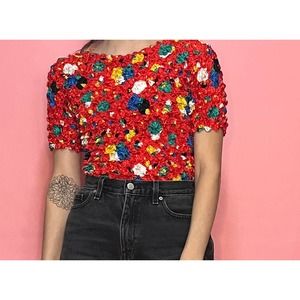 Vtg 80s Funky Aderro Orange Abstract Longsleeve Mockneck Top L